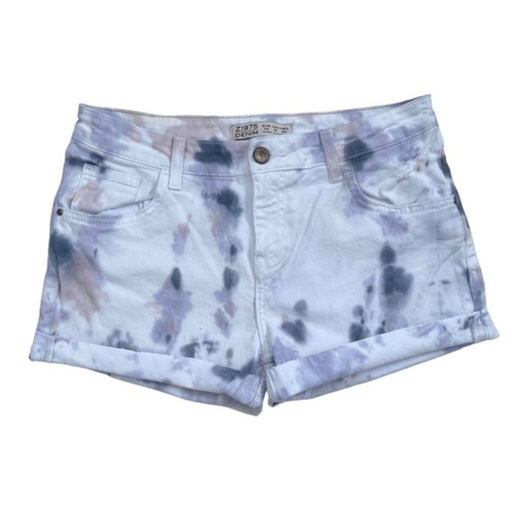 A1 Zara Denim Shorts Tie Dye Purple White Z1975 Mid Rise Festival Boho Size 2